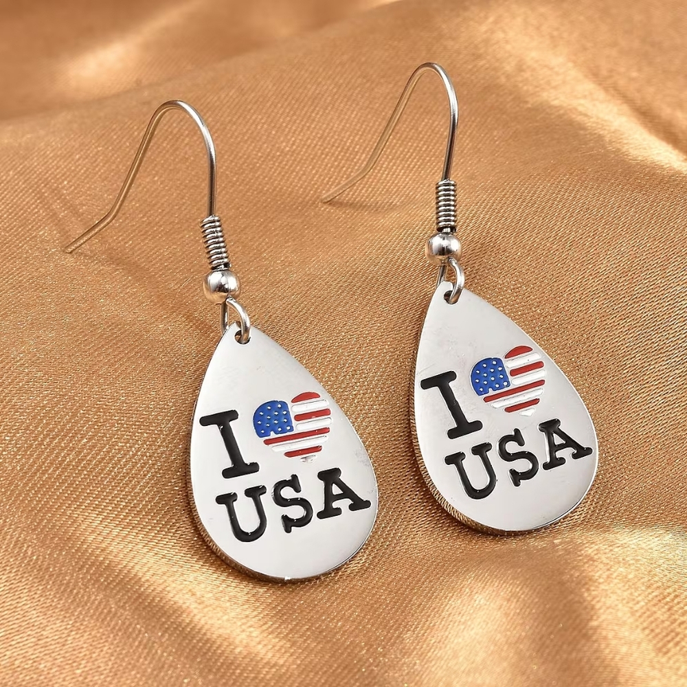 Silver 'I Love USA' Teardrop Earrings